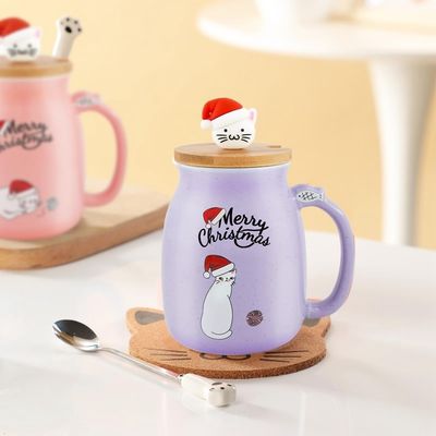 Cute Style Copo de café cerâmico portátil de 380ml com desenho 3D de gatinho e tampa de bambu