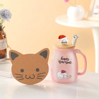 Cute Style Copo de café cerâmico portátil de 380ml com desenho 3D de gatinho e tampa de bambu