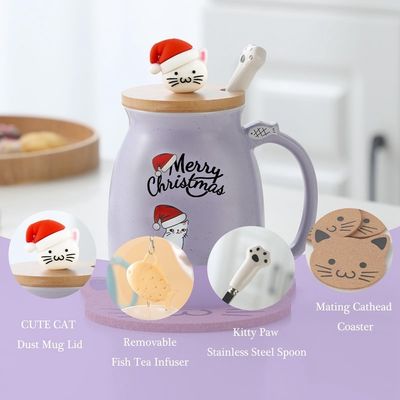 Cute Style Copo de café cerâmico portátil de 380ml com desenho 3D de gatinho e tampa de bambu