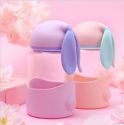 340ml Custom Logo Cute Rabbit Glass Water Bottle para o Back to School Leak Proof Portátil