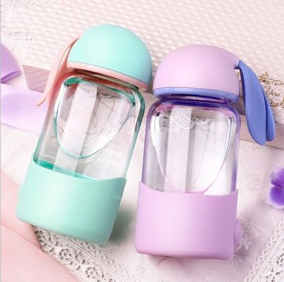 340ml Custom Logo Cute Rabbit Glass Water Bottle para o Back to School Leak Proof Portátil