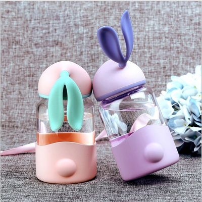 340ml Custom Logo Cute Rabbit Glass Water Bottle para o Back to School Leak Proof Portátil