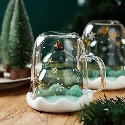 300 ml de presente de Natal Copo de vidro de parede dupla com tampa e resistência a altas temperaturas