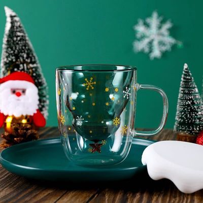 200 ml / 300 ml de presente de Natal Taça de vidro duplo com tampa Taça de café de alto borosilicato