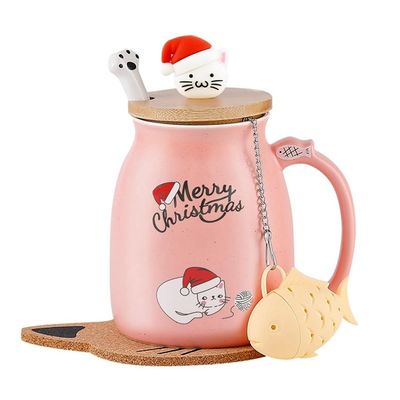Chávena de Natal 380ml Portátil Chávena de Café Cerâmica 3D Querida Gatinha Bamboo Com Capa De Esponja De Aço Inoxidável