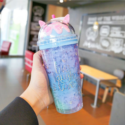 14OZ Modern Double Wall Unicorn Copo de Plástico Bottle de Água Isulada com tampa e palha