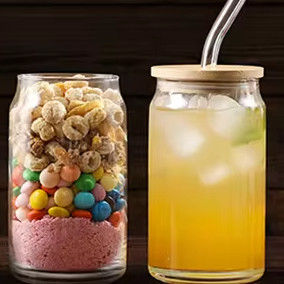 16 oz Garrafa de chá de vidro transparente Garrafa de café com tampa de madeira e palha