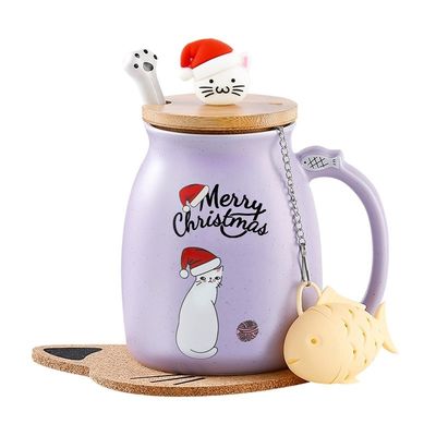 Matierial Cerâmica 380ml Cute Cerâmica Copo de Café com desenho 3D gato e tampa de bambu