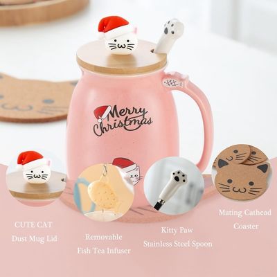 Matierial Cerâmica 380ml Cute Cerâmica Copo de Café com desenho 3D gato e tampa de bambu