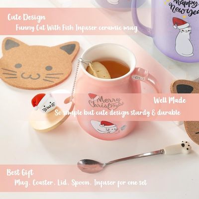 Matierial Cerâmica 380ml Cute Cerâmica Copo de Café com desenho 3D gato e tampa de bambu