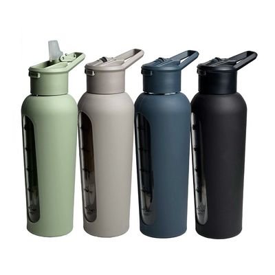 Garrafa de água de vidro motivacional com manga de silicone e lembrete de marcação de tempo portátil