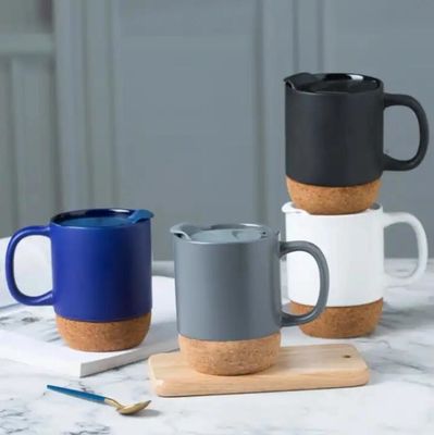 450ML Custom Logo Matte Black White Cork Base Cerâmica Taça de Viagem de Café Com tampa de PP