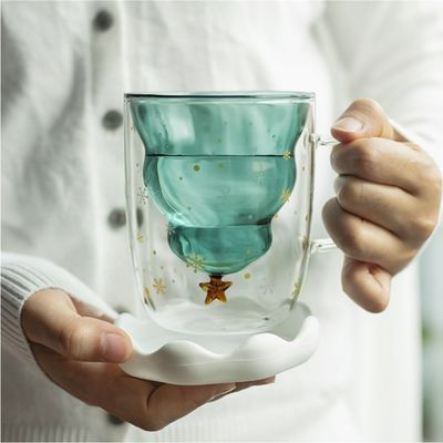 Copo de água de vidro de borosilicato de parede dupla com alça e tampa