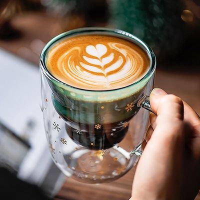Presente de Natal personalizado 200ml Copo de Café de vidro de parede dupla com desenho de árvore de Natal