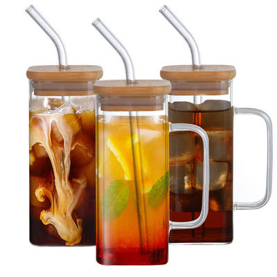 Copo de vidro quadrado com tampa superior Venda Taça de chá de café gelado Gelas de bebida