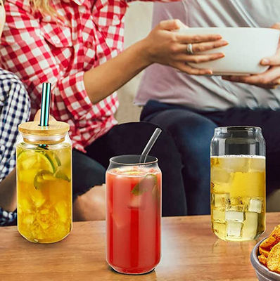 Taça de vidro de 16 oz com tampa de bambu para sorvete bolha de chá café soda cerveja pode formar