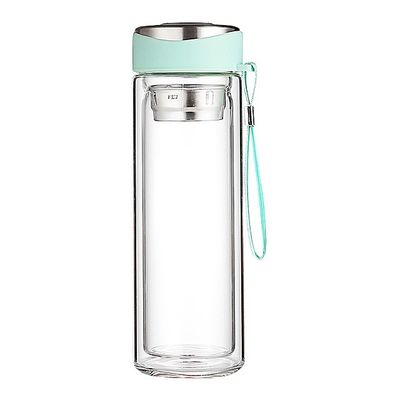 320 ml Garrafa de água de vidro rosa de parede dupla com tampa e infusor de chá para consumo directo