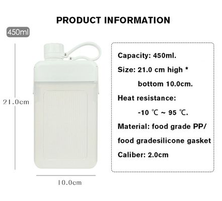 450 ml de BPA livre, portátil, à prova de vazamento, plástico quadrado, frasco de suco desportivo com tampa e tampa