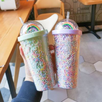 550 ml Copo de plástico PC transparente sem BPA Copo de batido de leite de parede dupla reutilizável com palha