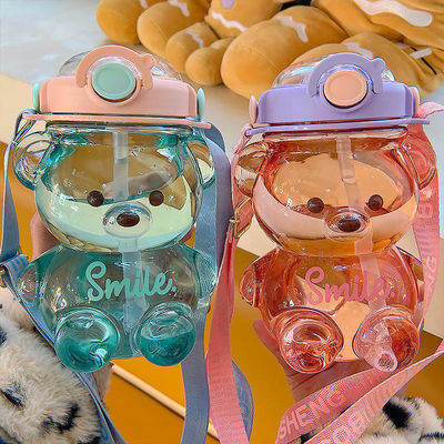 Cor personalizada 1L Garrafa de água de grande capacidade Copo de bebida de urso transparente com palha
