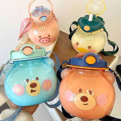 Cor personalizada 1L Garrafa de água de grande capacidade Copo de bebida de urso transparente com palha