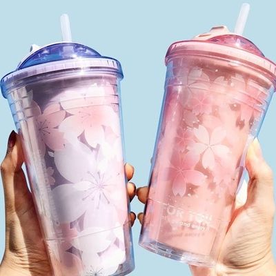 Isolamento térmico garrafa de água Cherry Blossom 480ml logotipo personalizado plástico Tumbler Cup