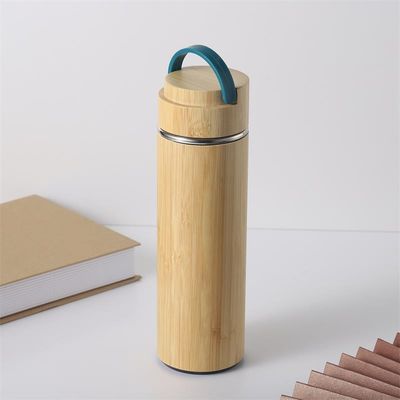 500 ml de frasco de água térmico esportivo de aço inoxidável de parede dupla com casca de bambu para utensílios de bebida