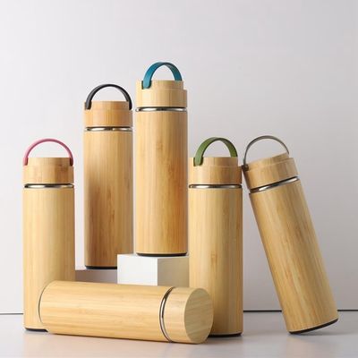 500 ml de frasco de água térmico esportivo de aço inoxidável de parede dupla com casca de bambu para utensílios de bebida