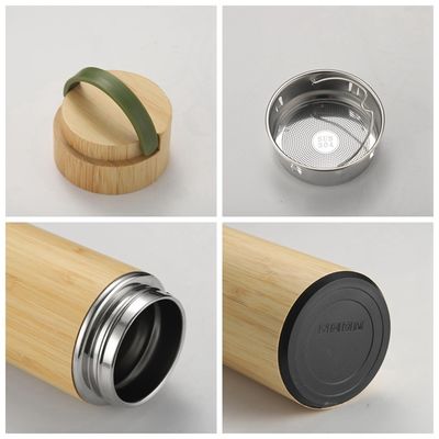 Garrafa de chá de aço inoxidável de casca de bambu ecológica de 500 ml com alça fácil de transportar