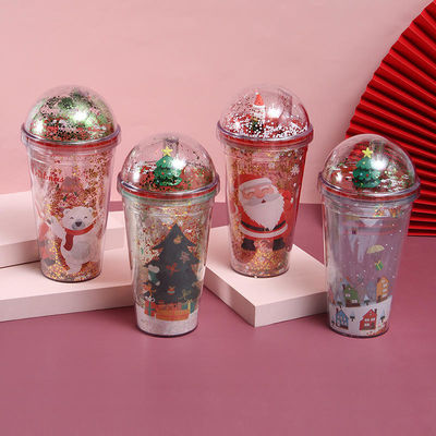 Copas de Natal de plástico 500 ml Glitter Double Wall Drinking Tumbler com tampa e canudos