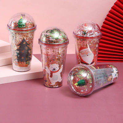 Copas de Natal de plástico 500 ml Glitter Double Wall Drinking Tumbler com tampa e canudos
