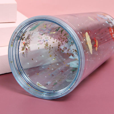 Copas de Natal de plástico 500 ml Glitter Double Wall Drinking Tumbler com tampa e canudos