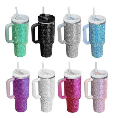 40oz de garrafa de água de vácuo de aço inoxidável incrustada em diamantes com palha e manuseio fácil
