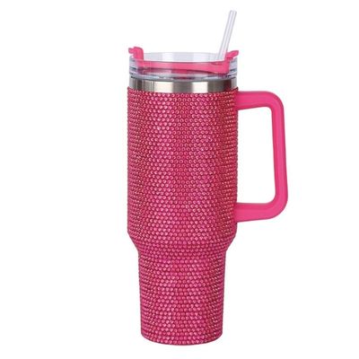 40oz de garrafa de água de vácuo de aço inoxidável incrustada em diamantes com palha e manuseio fácil