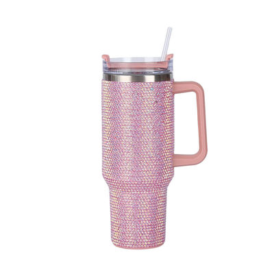 40oz de garrafa de água de vácuo de aço inoxidável incrustada em diamantes com palha e manuseio fácil