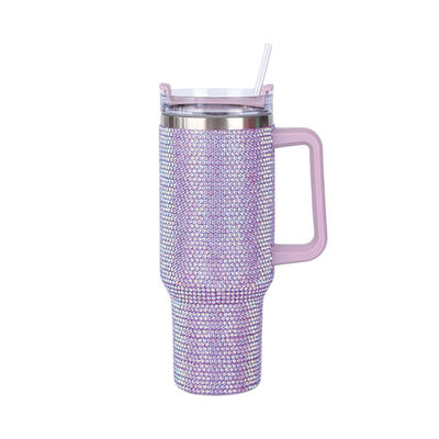 40oz de garrafa de água de vácuo de aço inoxidável incrustada em diamantes com palha e manuseio fácil