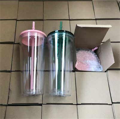 1 peça personalizada DIY 16oz 24oz Dupla parede plástico acrílico Clear Cup com palha e tampa