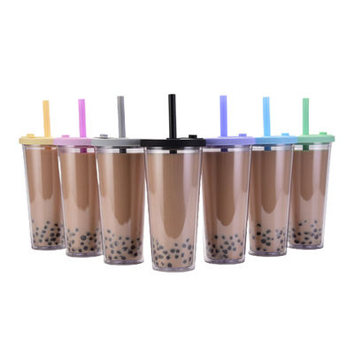 24oz 700ml Tumbler Cups de chá de bolhas de plástico de parede dupla Boba bolhas reutilizáveis canecas com tampa