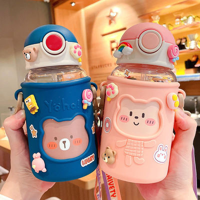 620ml Autocolante 3D Portátil Garrafa de Água de Plástico Desenho de Urso Feliz para Crianças e Estudantes
