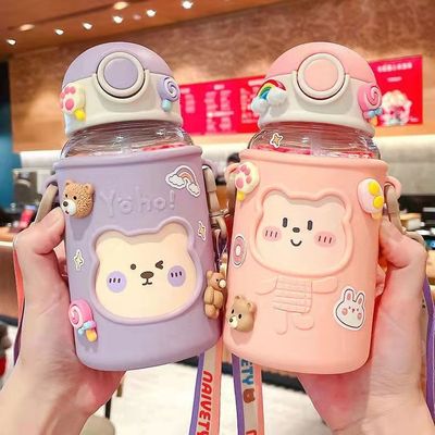 620ml Autocolante 3D Portátil Garrafa de Água de Plástico Desenho de Urso Feliz para Crianças e Estudantes