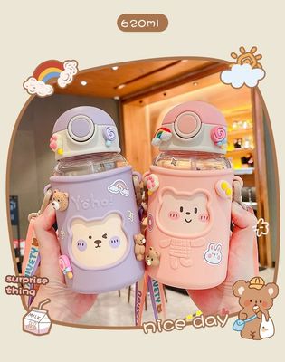 620ml portátil 3D autocolante garrafa de água plástica garrafa de urso fofinho para crianças e estudantes