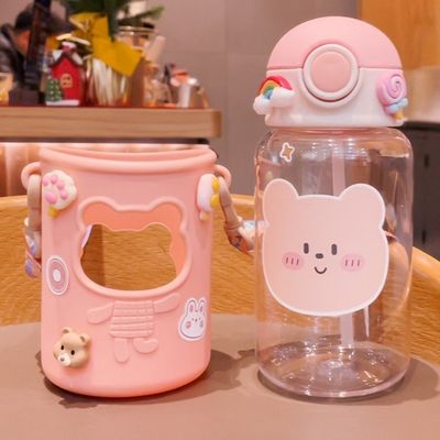 620ml portátil 3D autocolante garrafa de água plástica garrafa de urso fofinho para crianças e estudantes