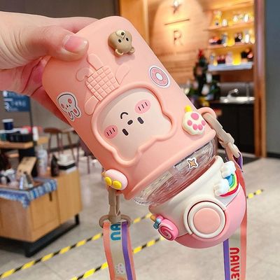 620ml portátil 3D autocolante garrafa de água plástica garrafa de urso fofinho para crianças e estudantes