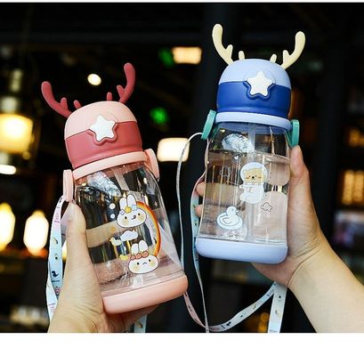 Desenho bonito 600ml Copas de cartões animados para crianças Garrafa de água potável de plástico com palha