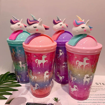 Adultos 430ml Cute Flying Unicorn Gelado Garrafa de Água de Plástico Copo com Palha e Capa Unicorn