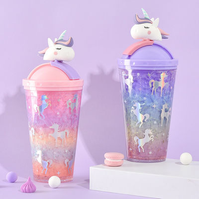 430ml Dupla parede de plástico bebida gelada de gelo Copo com palha Adorável Design unicórnio