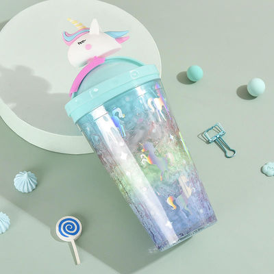 430ml Dupla parede de plástico bebida gelada de gelo Copo com palha Adorável Design unicórnio