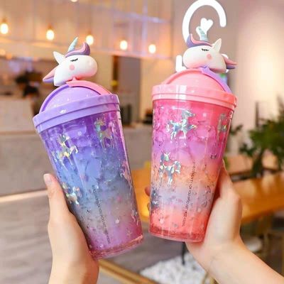 430ml Dupla parede de plástico bebida gelada de gelo Copo com palha Adorável Design unicórnio
