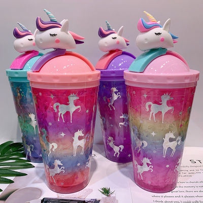 430ml Dupla parede de plástico bebida gelada de gelo Copo com palha Adorável Design unicórnio