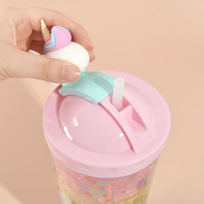 430ml Dupla parede de plástico bebida gelada de gelo Copo com palha Adorável Design unicórnio